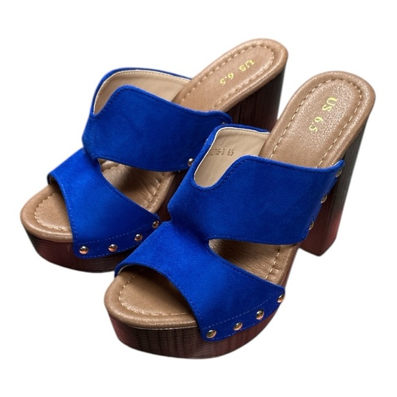 Allegra K - New In Box - Blue Chunky Heel Mules with Wooden Platform - Picture 1 of 3